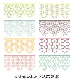 Set of colorful seamless borders, line patterns. Tribal ethnic arabic, indian decorative ornaments, fashion lace collection. Isolated design elements for headline, banners, wedding invitation cards