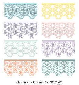 Set of colorful seamless borders, line patterns. Tribal ethnic arabic, indian decorative ornaments, fashion lace collection. Isolated design elements for headline, banners, wedding invitation cards
