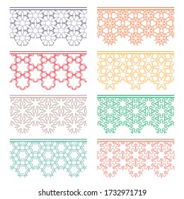Set of colorful seamless borders, line patterns. Tribal ethnic arabic, indian decorative ornaments, fashion lace collection. Isolated design elements for headline, banners, wedding invitation cards