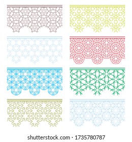 Set of colorful seamless borders, line patterns. Tribal ethnic arabic, indian decorative ornaments, fashion lace collection. Isolated design elements for headline, banners, wedding invitation cards