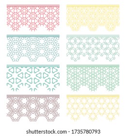 Set of colorful seamless borders, line patterns. Tribal ethnic arabic, indian decorative ornaments, fashion lace collection. Isolated design elements for headline, banners, wedding invitation cards