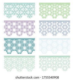 Set of colorful seamless borders, line patterns. Tribal ethnic arabic, indian decorative ornaments, fashion lace collection. Isolated design elements for headline, banners, wedding invitation cards