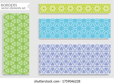 Set of colorful seamless borders, line patterns. Tribal ethnic arabic, indian decorative ornaments, fashion lace collection. Isolated design elements for headline, banners, wedding invitation cards