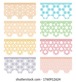 Set of colorful seamless borders, line patterns. Tribal ethnic arabic, indian decorative ornaments, fashion lace collection. Isolated design elements for headline, banners, wedding invitation cards