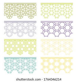 Set of colorful seamless borders, line patterns. Tribal ethnic arabic, indian decorative ornaments, fashion lace collection. Isolated design elements for headline, banners, wedding invitation cards