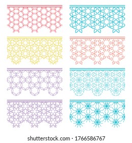 Satz von farblosen, nahtlosen Rändern, Linienmustern. Ethnische arabische Stämme, indische Ziergegenstände, Modespitzensammlung. Einzige Design-Elemente für Schlagzeilen, Banner, Einladungskarten für Hochzeiten