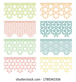 Set of colorful seamless borders, line patterns. Tribal ethnic arabic, indian decorative ornaments, fashion lace collection. Isolated design elements for headline, banners, wedding invitation cards