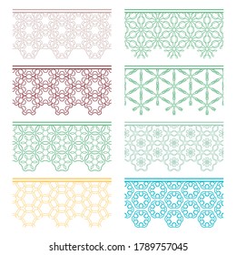 Conjunto de bordes coloridos y sin costuras, patrones de línea. Arábico étnico tribal, adornos decorativos indios, colección de encajes de moda. Elementos de diseño aislados para titulares, banners, tarjetas de invitación para bodas