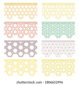 Set of colorful seamless borders, line patterns. Tribal ethnic arabic, indian decorative ornaments, fashion lace collection. Isolated design elements for headline, banners, wedding invitation cards