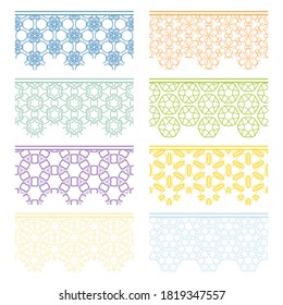 Set of colorful seamless borders, line patterns. Tribal ethnic arabic, indian decorative ornaments, fashion lace collection. Isolated design elements for headline, banners, wedding invitation cards