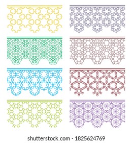Conjunto de bordes coloridos y sin costuras, patrones de línea. Arábico étnico tribal, adornos decorativos indios, colección de encajes de moda. Elementos de diseño aislados para titulares, banners, tarjetas de invitación para bodas