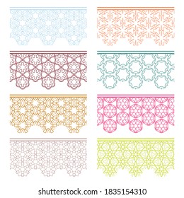 Set of colorful seamless borders, line patterns. Tribal ethnic arabic, indian decorative ornaments, fashion lace collection. Isolated design elements for headline, banners, wedding invitation cards