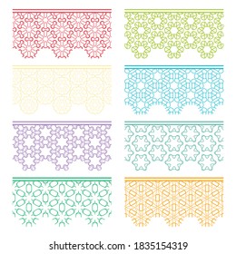 Conjunto de bordes coloridos y sin costuras, patrones de línea. Arábico étnico tribal, adornos decorativos indios, colección de encajes de moda. Elementos de diseño aislados para titulares, banners, tarjetas de invitación para bodas