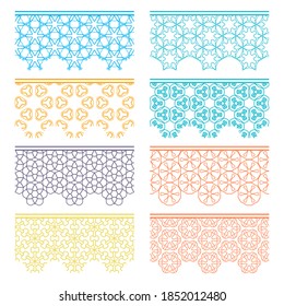 Set of colorful seamless borders, line patterns. Tribal ethnic arabic, indian decorative ornaments, fashion lace collection. Isolated design elements for headline, banners, wedding invitation cards