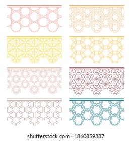 Set of colorful seamless borders, line patterns. Tribal ethnic arabic, indian decorative ornaments, fashion lace collection. Isolated design elements for headline, banners, wedding invitation cards