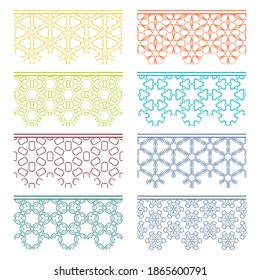 Conjunto de bordes coloridos y sin costuras, patrones de línea. Arábico étnico tribal, adornos decorativos indios, colección de encajes de moda. Elementos de diseño aislados para titulares, banners, tarjetas de invitación para bodas