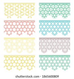 Satz von farblosen, nahtlosen Rändern, Linienmustern. Ethnische arabische Stämme, indische Ziergegenstände, Modespitzensammlung. Einzige Design-Elemente für Schlagzeilen, Banner, Einladungskarten für Hochzeiten