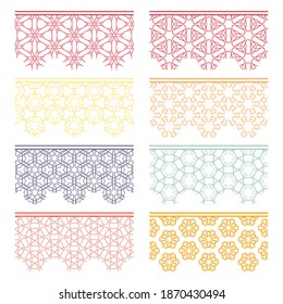 Set of colorful seamless borders, line patterns. Tribal ethnic arabic, indian decorative ornaments, fashion lace collection. Isolated design elements for headline, banners, wedding invitation cards