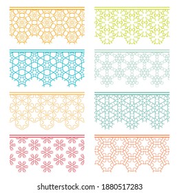 Set of colorful seamless borders, line patterns. Tribal ethnic arabic, indian decorative ornaments, fashion lace collection. Isolated design elements for headline, banners, wedding invitation cards