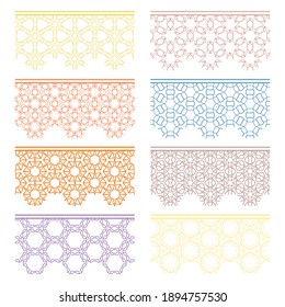 Set of colorful seamless borders, line patterns. Tribal ethnic arabic, indian decorative ornaments, fashion lace collection. Isolated design elements for headline, banners, wedding invitation cards