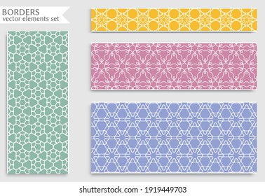 Satz von farblosen, nahtlosen Rändern, Linienmustern. Ethnische arabische Stämme, indische Ziergegenstände, Modespitzensammlung. Einzige Design-Elemente für Schlagzeilen, Banner, Einladungskarten für Hochzeiten