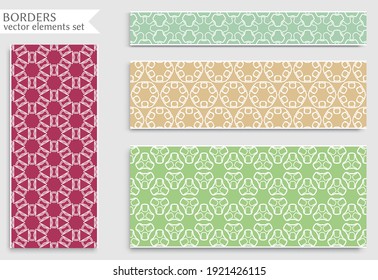 Set of colorful seamless borders, line patterns. Tribal ethnic arabic, indian decorative ornaments, fashion lace collection. Isolated design elements for headline, banners, wedding invitation cards