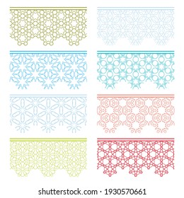 Set of colorful seamless borders, line patterns. Tribal ethnic arabic, indian decorative ornaments, fashion lace collection. Isolated design elements for headline, banners, wedding invitation cards