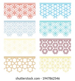 Set of colorful seamless borders, line patterns. Tribal ethnic arabic, indian decorative ornaments, fashion lace collection. Isolated design elements for headline, banners, wedding invitation cards