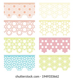 Set of colorful seamless borders, line patterns. Tribal ethnic arabic, indian decorative ornaments, fashion lace collection. Isolated design elements for headline, banners, wedding invitation cards