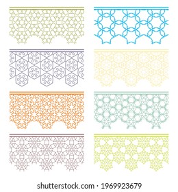 Set of colorful seamless borders, line patterns. Tribal ethnic arabic, indian decorative ornaments, fashion lace collection. Isolated design elements for headline, banners, wedding invitation cards