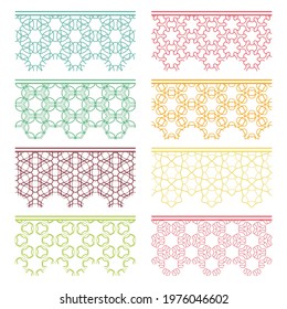 Set of colorful seamless borders, line patterns. Tribal ethnic arabic, indian decorative ornaments, fashion lace collection. Isolated design elements for headline, banners, wedding invitation cards