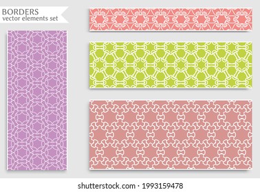 Set of colorful seamless borders, line patterns. Tribal ethnic arabic, indian decorative ornaments, fashion lace collection. Isolated design elements for headline, banners, wedding invitation cards