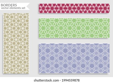 Conjunto de bordes coloridos y sin costuras, patrones de línea. Arábico étnico tribal, adornos decorativos indios, colección de encajes de moda. Elementos de diseño aislados para titulares, banners, tarjetas de invitación para bodas