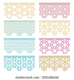 Set of colorful seamless borders, line patterns. Tribal ethnic arabic, indian decorative ornaments, fashion lace collection. Isolated design elements for headline, banners, wedding invitation cards
