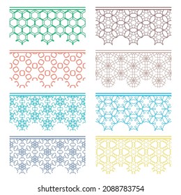 Conjunto de bordes coloridos y sin costuras, patrones de línea. Arábico étnico tribal, adornos decorativos indios, colección de encajes de moda. Elementos de diseño aislados para titulares, banners, tarjetas de invitación para bodas