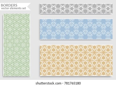 Set of colorful seamless borders, line patterns. Tribal ethnic arabic, indian decorative ornaments, fashion lace collection. Isolated design elements for headline, banners, wedding invitation cards