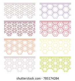 Set of colorful seamless borders, line patterns. Tribal ethnic arabic, indian decorative ornaments, fashion lace collection. Isolated design elements for headline, banners, wedding invitation cards