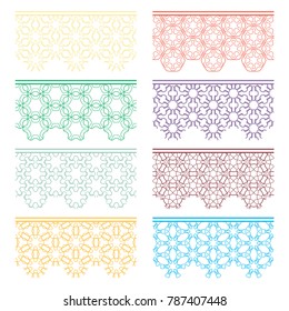 Set of colorful seamless borders, line patterns. Tribal ethnic arabic, indian decorative ornaments, fashion lace collection. Isolated design elements for headline, banners, wedding invitation cards