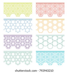 Set of colorful seamless borders, line patterns. Tribal ethnic arabic, indian decorative ornaments, fashion lace collection. Isolated design elements for headline, banners, wedding invitation cards