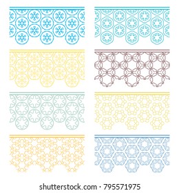 Set of colorful seamless borders, line patterns. Tribal ethnic arabic, indian decorative ornaments, fashion lace collection. Isolated design elements for headline, banners, wedding invitation cards