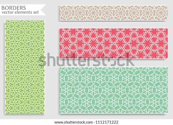 Set of colorful seamless borders, line patterns.
Tribal ethnic arabic, indian decorative ornaments, fashion lace
collection. Isolated design elements for headline, banners, wedding
invitation cards