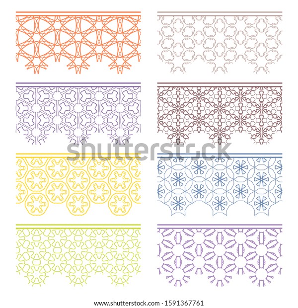 Set of colorful seamless borders, line patterns.\
Tribal ethnic arabic, indian decorative ornaments, fashion lace\
collection. Isolated design elements for headline, banners, wedding\
invitation cards