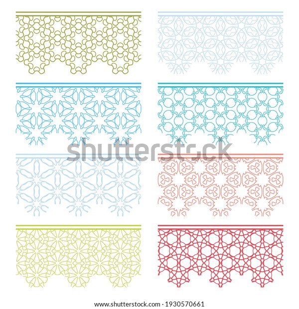 Set of colorful seamless borders, line patterns.\
Tribal ethnic arabic, indian decorative ornaments, fashion lace\
collection. Isolated design elements for headline, banners, wedding\
invitation cards