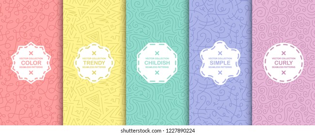 Set of colorful seamless decorative patterns - doodle style. Hand drawn design. Vector bright backgrounds, curly texture