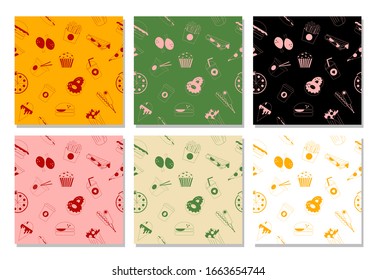 A set of colorful seamless fast food patterns . The pattern consists of a variety of fast food icons in the flat style. Bright patterns in different colors.