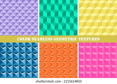 Set of colorful seamless geometric patterns. Decorative bright endless backgrounds. 3d endless vibrant textures