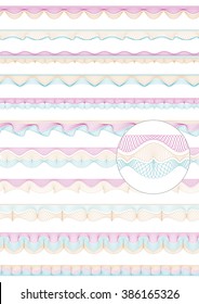 Set of colorful seamless guilloche vector borders for money design, voucher, currency, gift certificate, coupon, banknote, diploma, check and note.