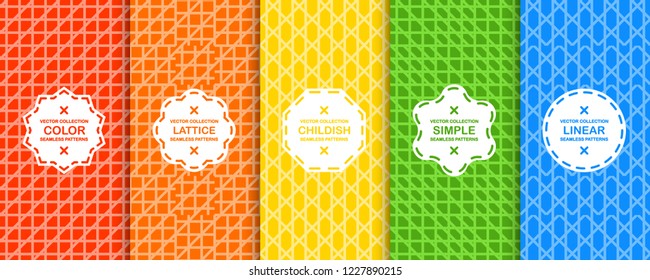 Set of colorful seamless lattice patterns - simple style. Grid geometric design. Vector bright backgrounds