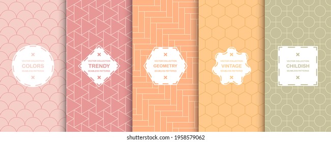 Set of colorful seamless ornamental patterns. Vector geometric oriental minimalistic backgrounds. Symmetric grid textures.