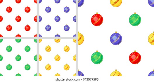 Set of colorful seamless pattern with beautiful outline hand drawn red, green, yellow, gold, blue New Year tree spherical toy. Christmas decoration.